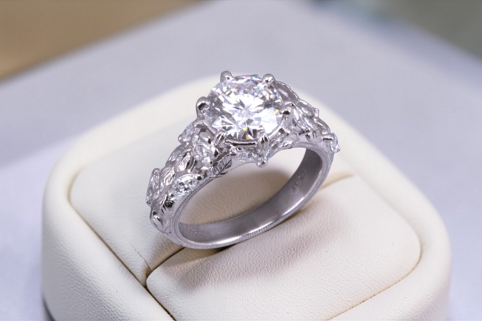 Vintage inspired floral engagement ring for Escondido couples