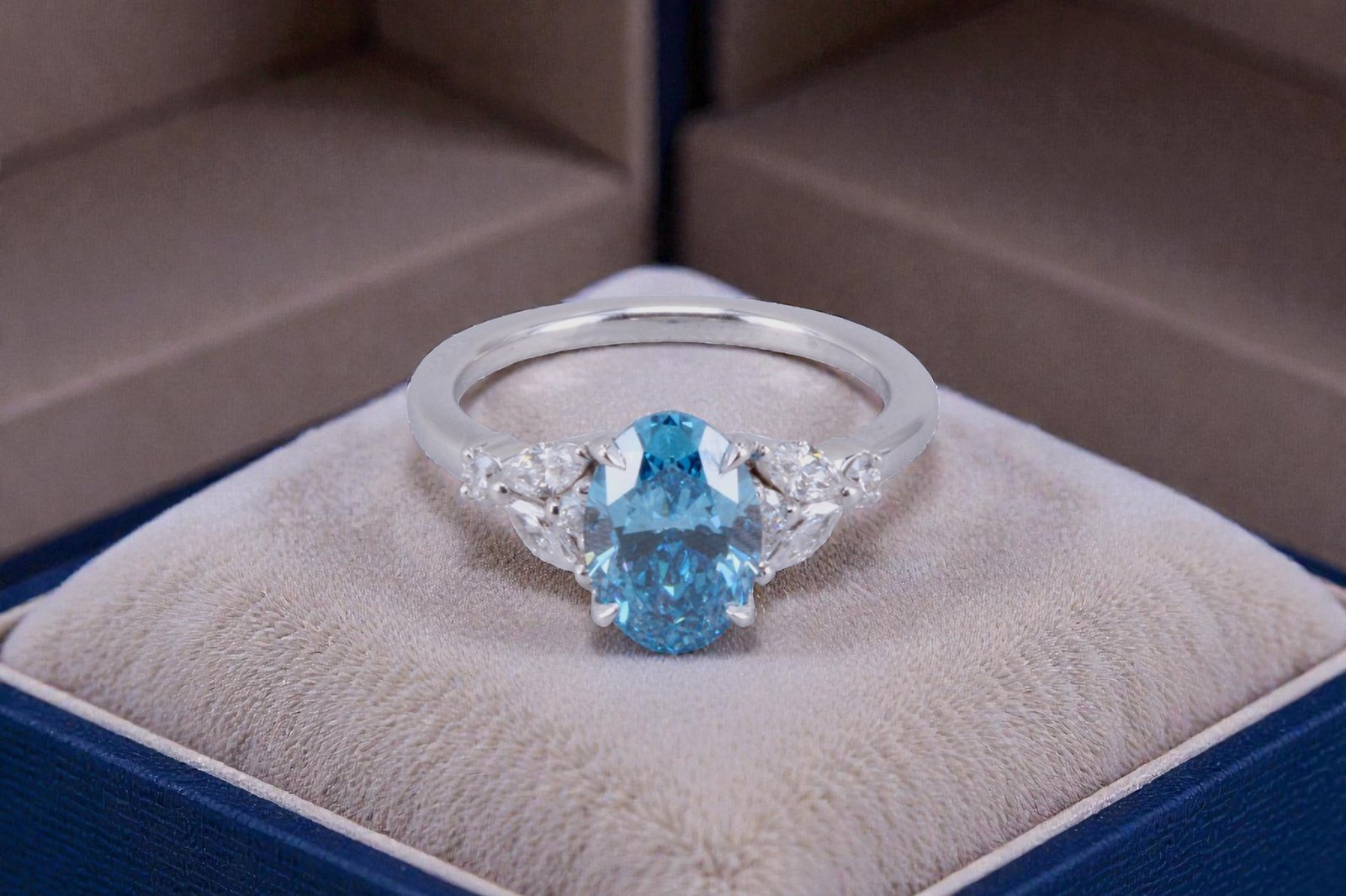 Custom-made lab-grown blue diamond ring for Escondido couples