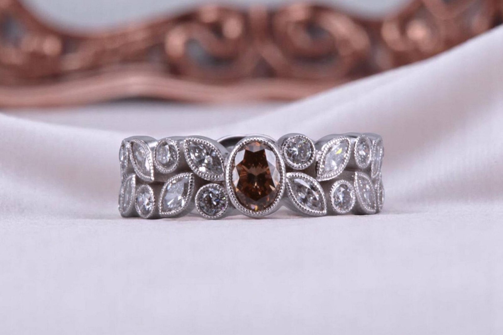 Non-traditional rootbeer diamond floral ring for couples in Escondido