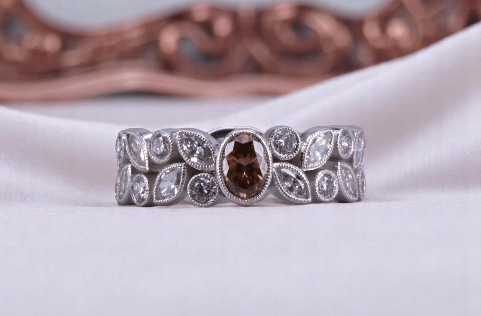Non-traditional rootbeer diamond floral ring for couples in Escondido